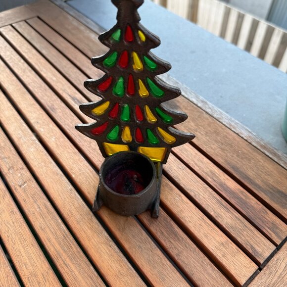 Vintage Cast Iron Stained Glass Christmas Tree Votive Candle Holder - Picture 3 of 5
